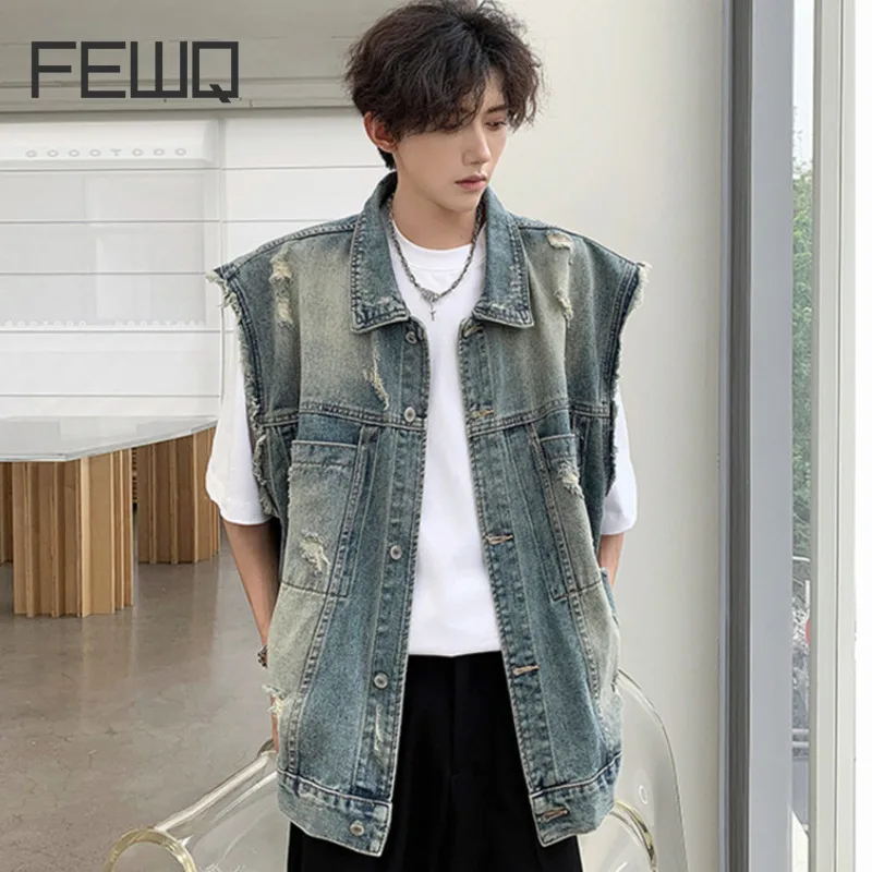 FEWQ Design Denim Men's Vest Jacket Loose Washed Wornout Sleeveless Shoulder Pad 2024 Vintage Male Tops Mew Fashion 24E1369