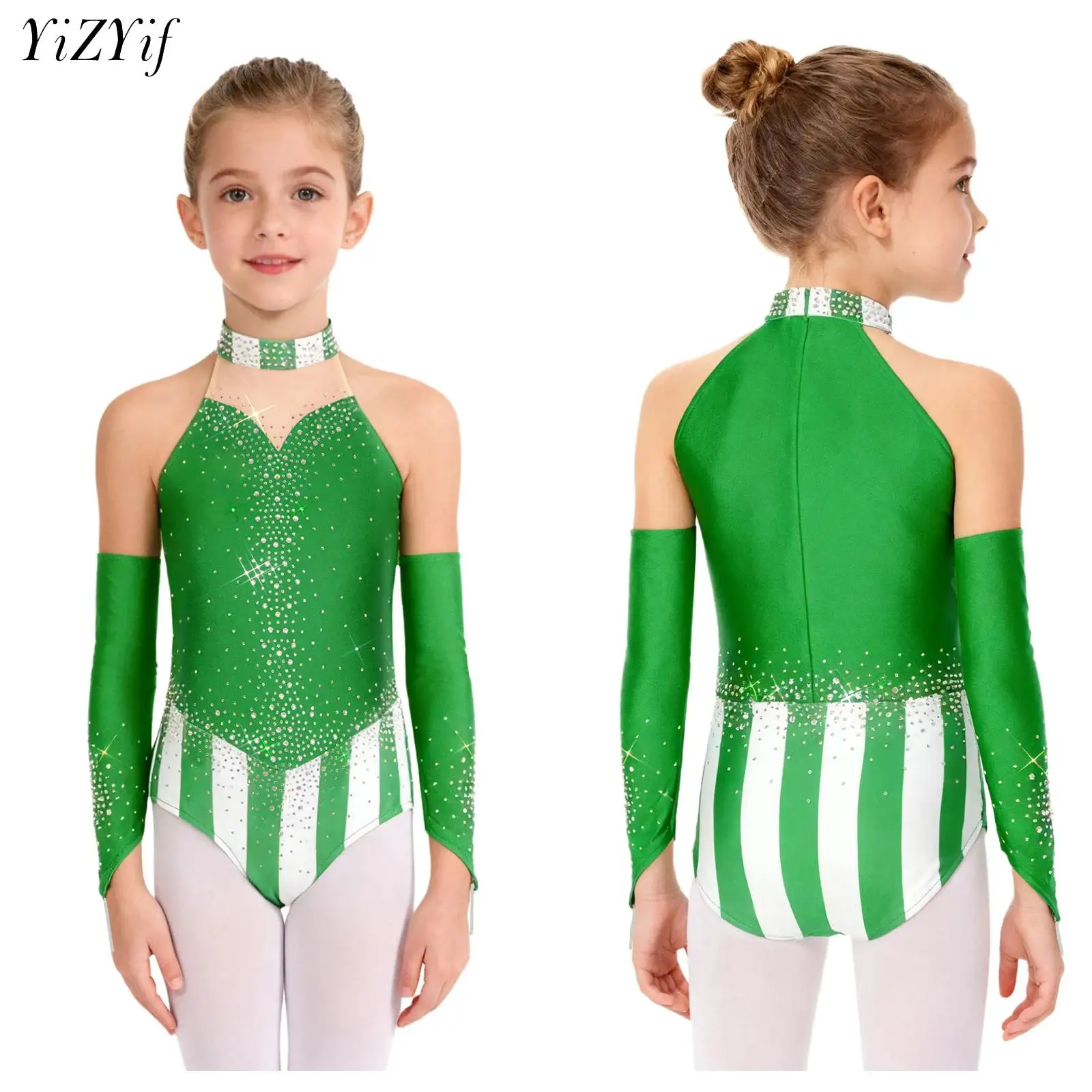 Justaucorps de danse de Ballet de noël pour filles, fête de vacances, strass brillants, canne à bonbons, patinage artistique, combinaison de gymnastique avec manches