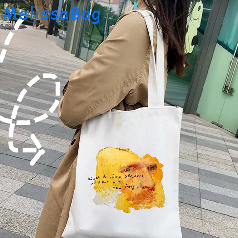 Cute Van Gogh Painting Women Canvas Shoulder Bag Totes Bag Aesthetics Sunflower Shopping Cotton Handbag Starry Night Books Bags