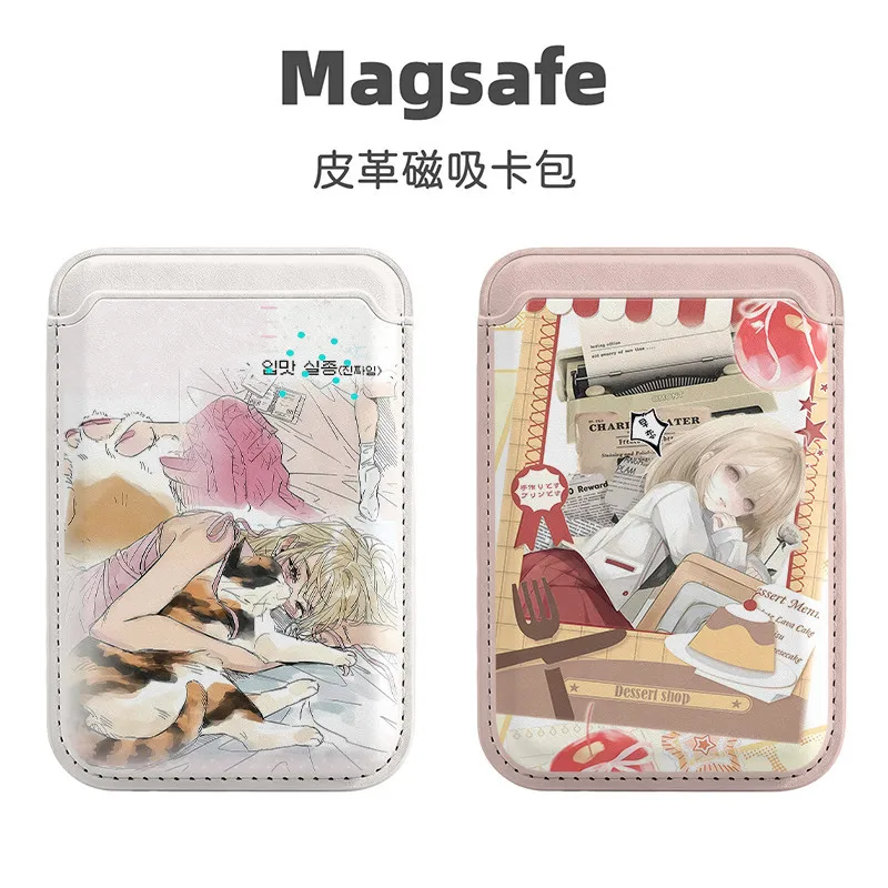 Korean Ins Retro Anime Girl for Magsafe Card Holder for iPhone XIAOMI Samsung Phone Case Leather ID Subway Card Holder Slot Y2k