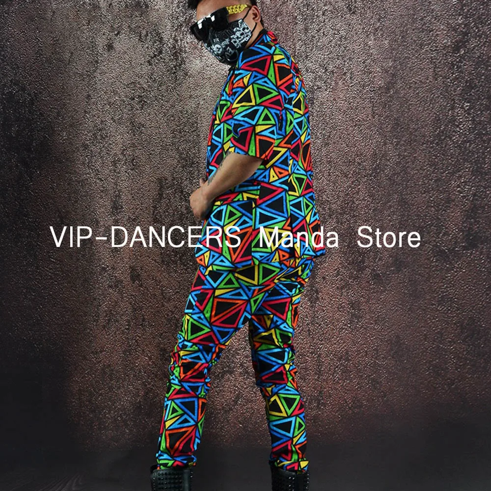 Stage Costume Male Nightclub Bar Club Performance Clothes Party Show Outfit Kpop Hip Hop Dance Set Colorful Printed Suit VDL630