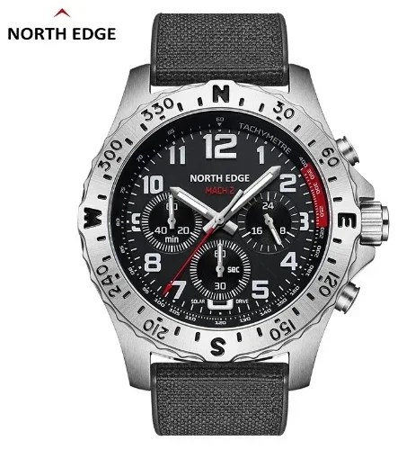 ساعات رجالية NORTH EDGE MACH 2 الطاقة الشمسية 316 حاوية من الفولاذ المقاوم للصدأ ساعة كوارتز للرجال الطيار مقاوم للماء 50 متر ساعة توقيت