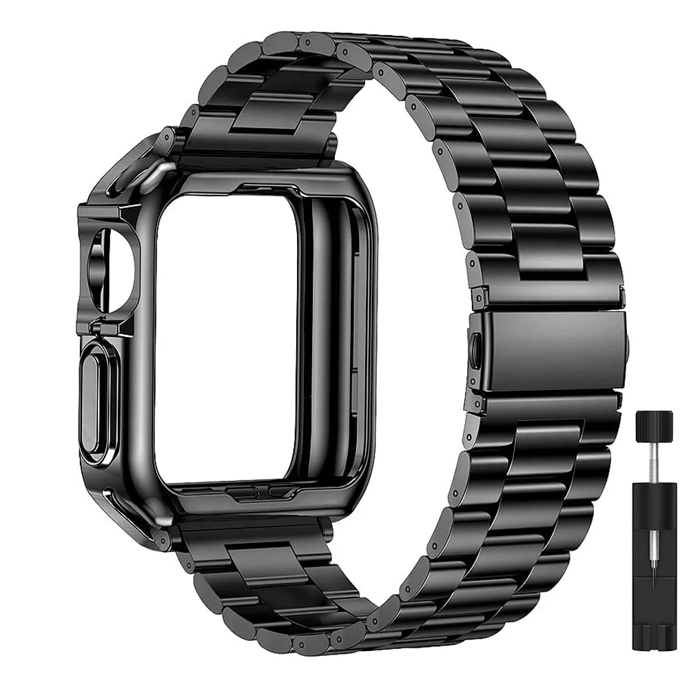 2 in 1 Case+Strap for Apple Watch 45mm 44mm Band Ultra 49mm 41mm 40mm Stainless Steel Bracelet Soft Cover iWatch SE 9 8 7 6 5 4