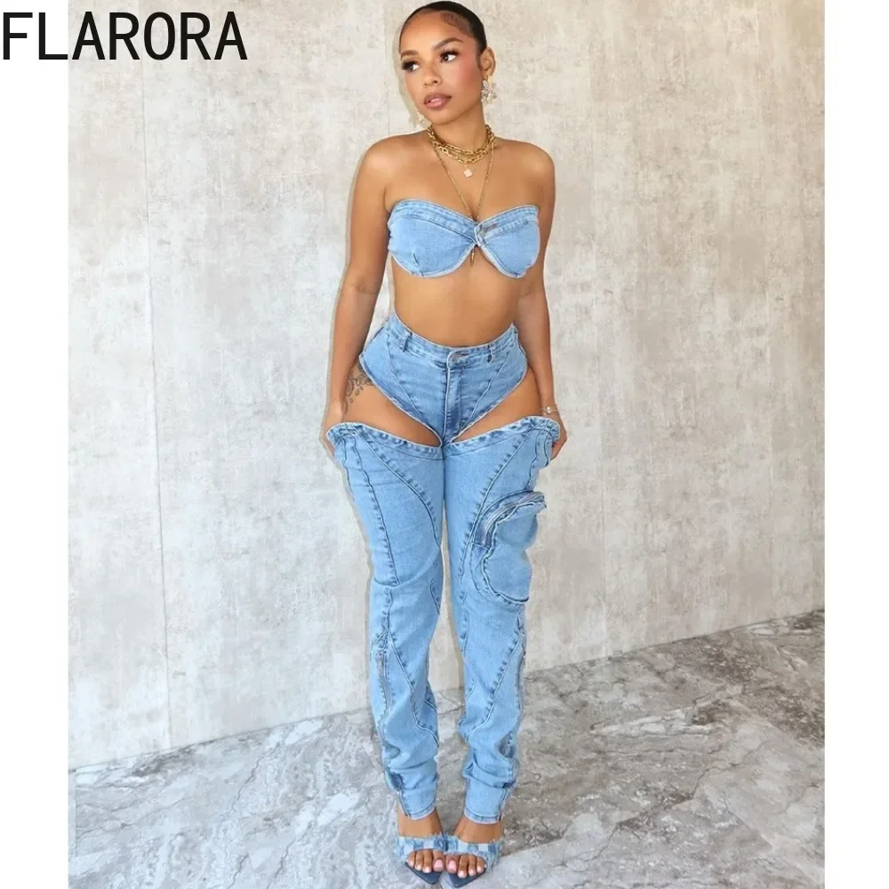 FLARORA Fashion Denim Zipper Hollow Women\'s Two Pieces Set Woman Strapless Bra Crop Top And Jeans Pants Outfits Y2k Streetwear