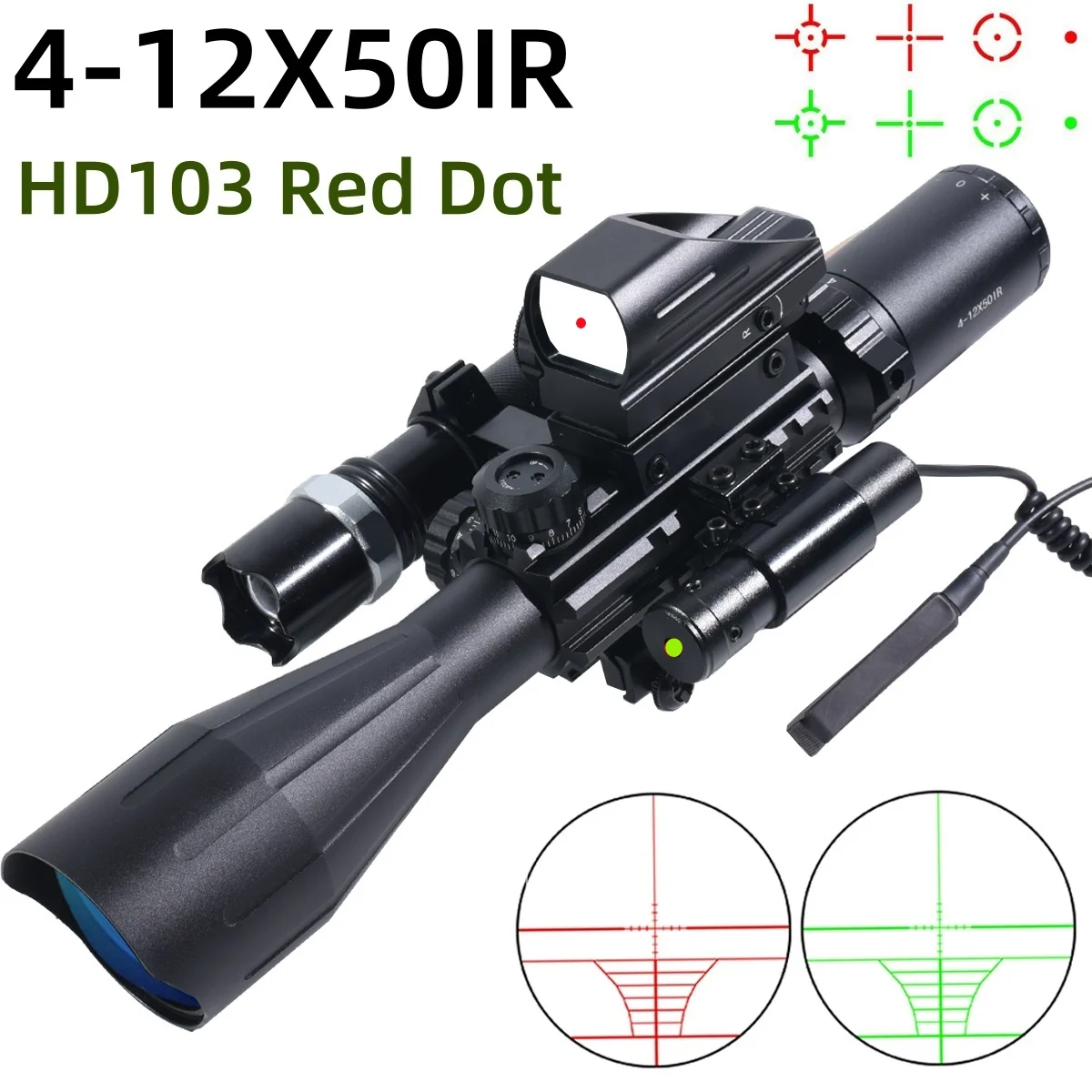 

4-12X50IR Rifle Scope with Four Points of Change Green Red Dot Optic Sight Tactical Combo Reflex Reticle Aim Airsoft Equipment