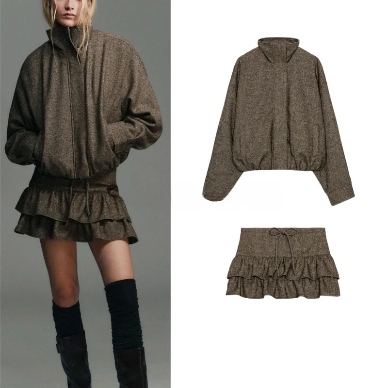 

Женский модный комплект: куртка с низкой талией, многослойным декором, длинными рукавами, воротником-стойкой и зигзагообразным узором, в повседневном стиле