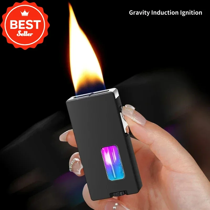 Ultra Wide Open Fire Seven Hole Outlet Butane Gas Lighter LED Visible Gas Window Gravity Sensing Shake Ignition Electric Lighter