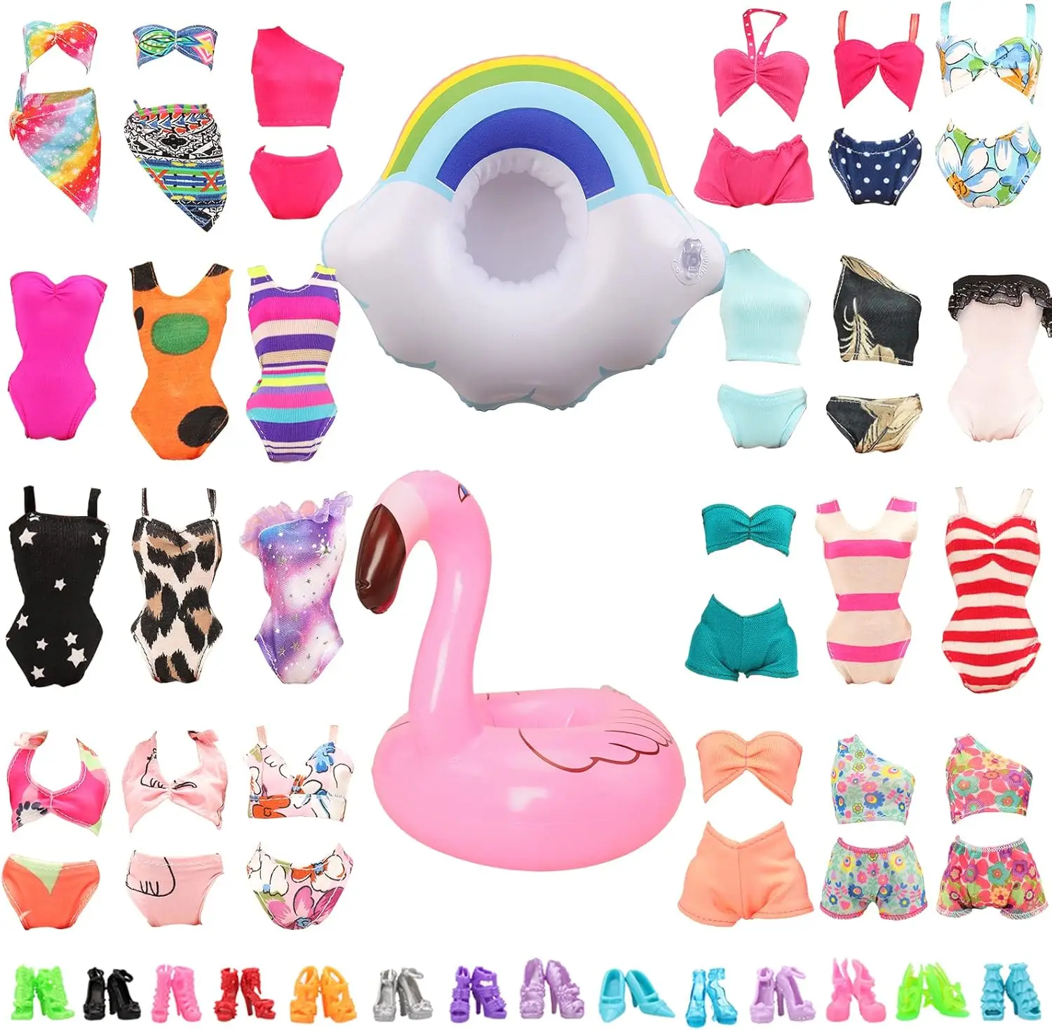 BARWA 12 Items 5 Psc Swimsuits Bathing Clothes Bikini One Piece with 2 Pool Floaties with 5 Shoes for 11.5 inch Doll