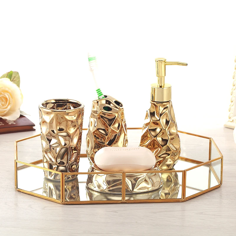 Gold Plated Ceramic Bathroom 4 Piece Set Storage Tray Emulsion Bottle Mouthwash Cup Soap Dish Toothbrush Holder Home Toiletries