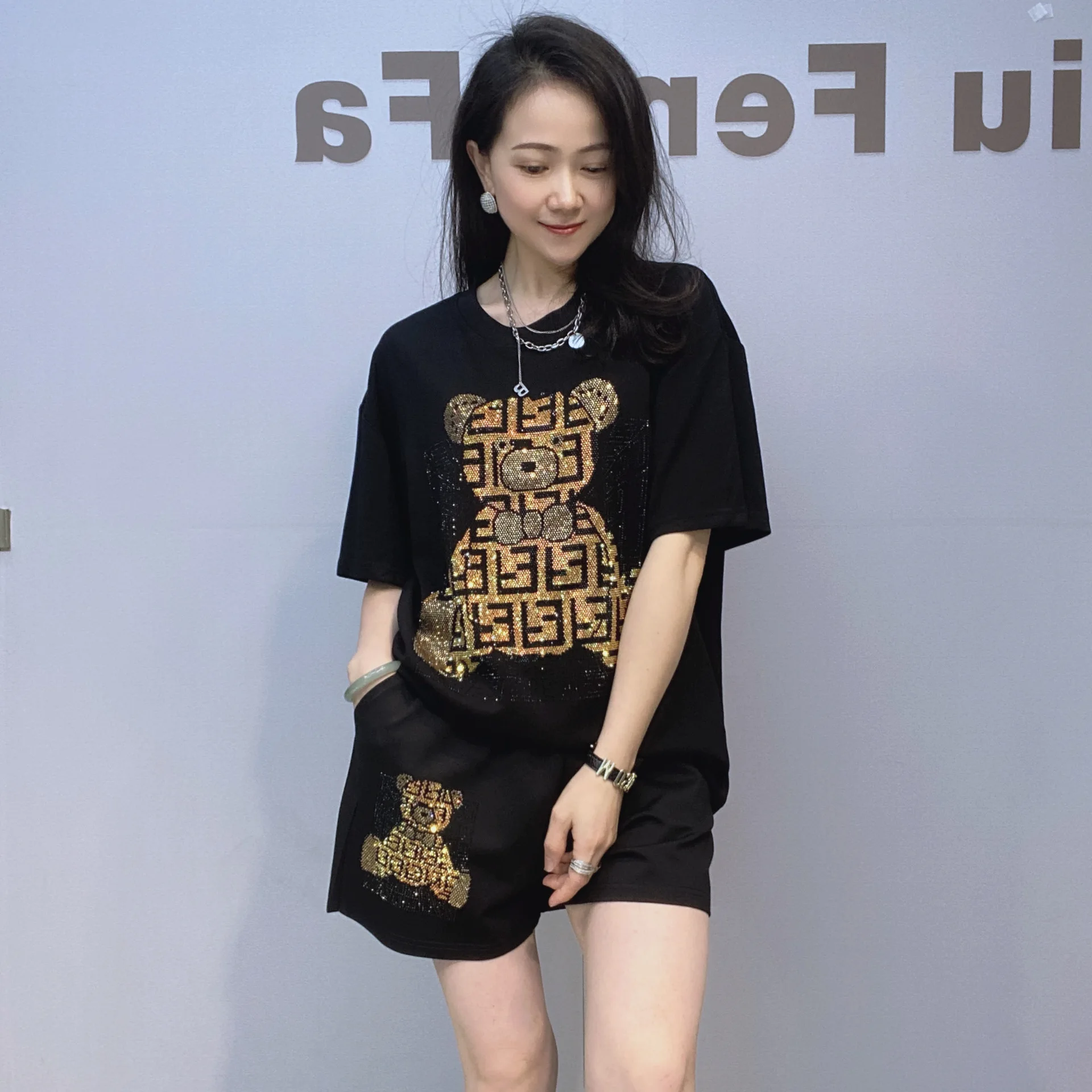 

Two Piece Sets Womens Outfits Fashion Cartoon Diamonds Black Tracksuit Summer Short Sets Women Casual Knitwear Костюм Женский