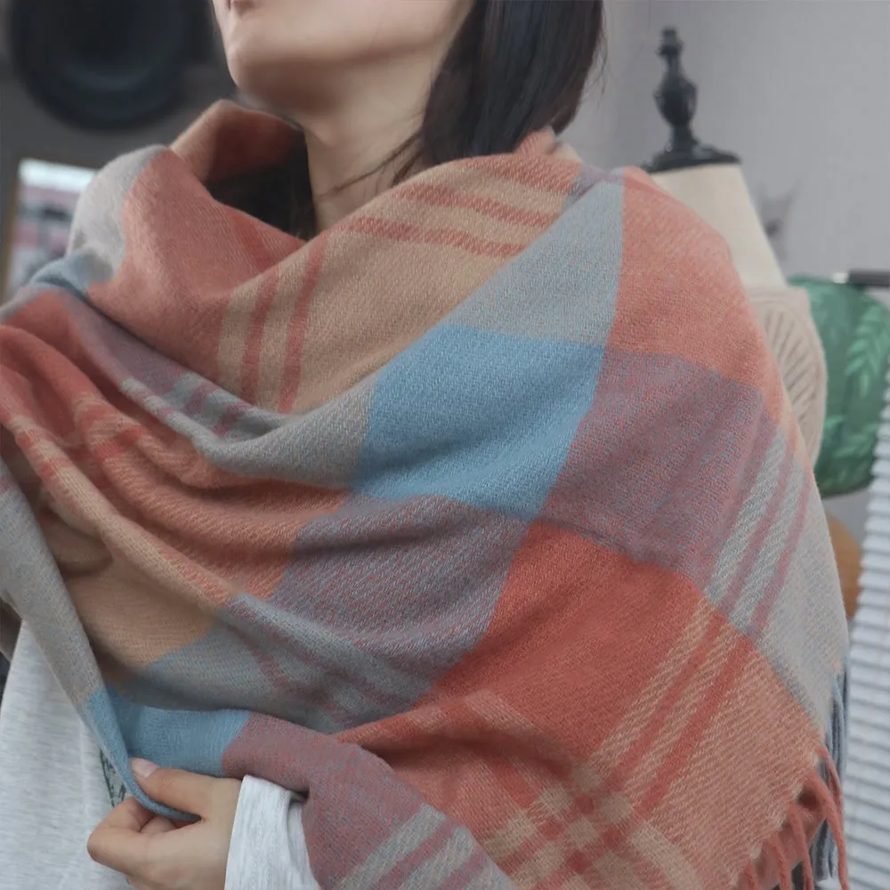 Casual Windproof Plaid Wool Scarf Long Tessel Thicken Winter Cashmere Scarf Korean Style Pashmina Neckerchief Men Scarf Female