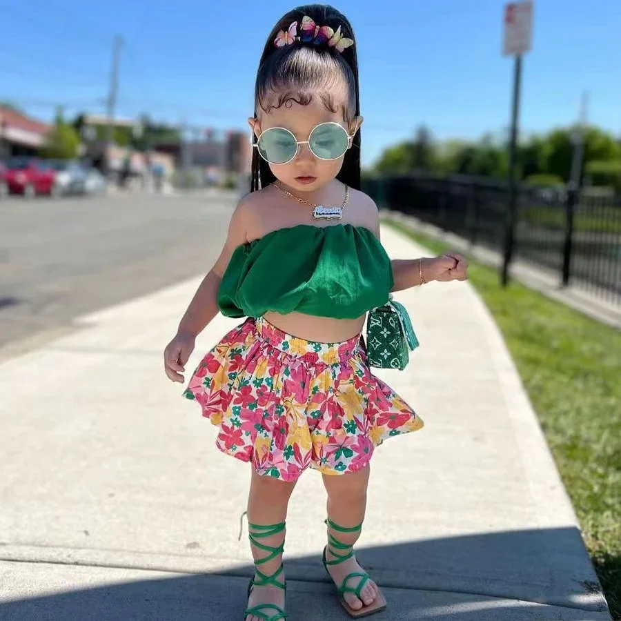 

New 2024 Summer Girls Clothes Sets Kids Sleeveless Corset+Flower Print A-line Skirt Streetwear Children Clothing For 2-7 Years