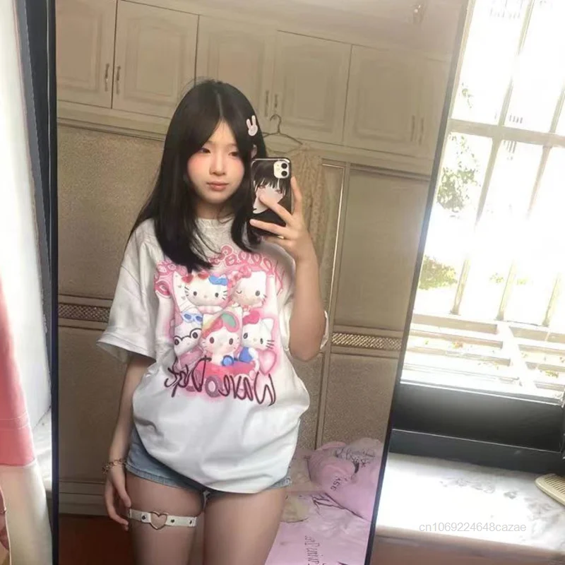 Sanrio Hello Kitty Clothes Y2k Cute Tops Cartoon Printed Summer Short Sleeve T-shirts Japan Korean Style Couples Loose Tee Shirt