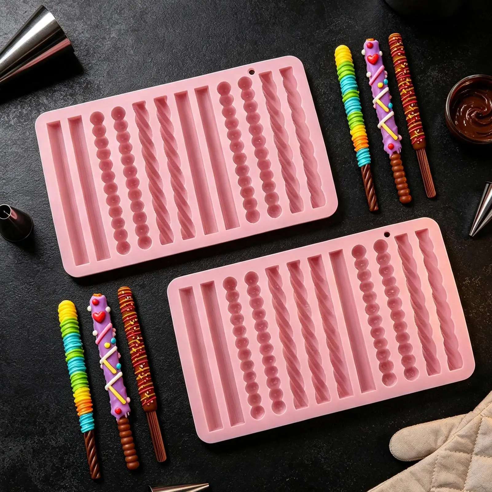 Silicone Strip Mold For Chocolate Bars And Pretzel Sticks 12 Cavity Tray Ice Cube Moulds For Making Chocolates, Cookies