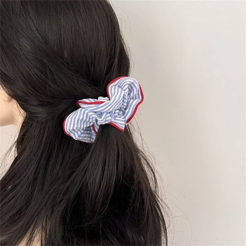 1PC Blue And White Striped Clashing Color Large Intestine Hair Ring Fresh Ponytail Hair Ring Hair Rope Sweet Marble Head Plate