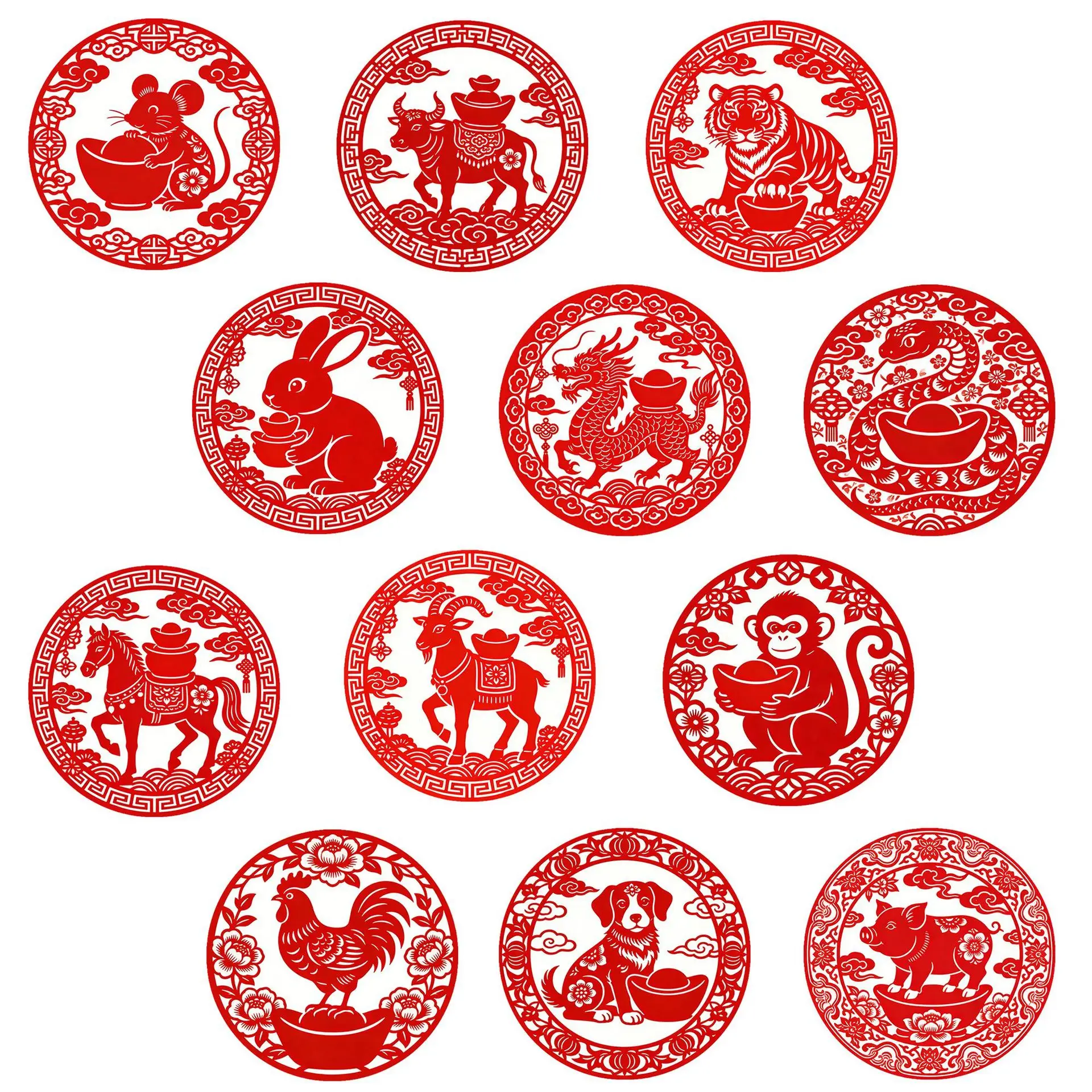 Chinese Red Papercut Cartoon 12 Zodiac Ingot Crystal Glass Soft Fridge Magnets Festive Home Decoration Souvenir