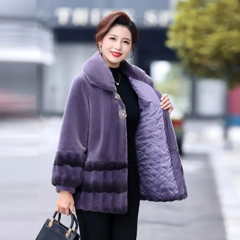 Fall/Winter Mink Velvet Coat Female Mother2023New Fashion Outwear Middle-Aged Elderly Women Overcoat Long Add Cotton Wool Jacket