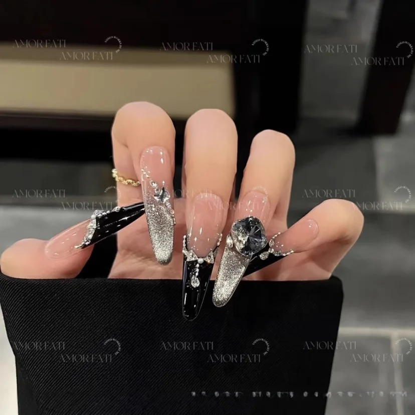 

10Pcs Long Luxury Rhinestone Fake Nails Black French Tips Press on False Nails Natural Full Cover Coffin Artificial Fake Nails