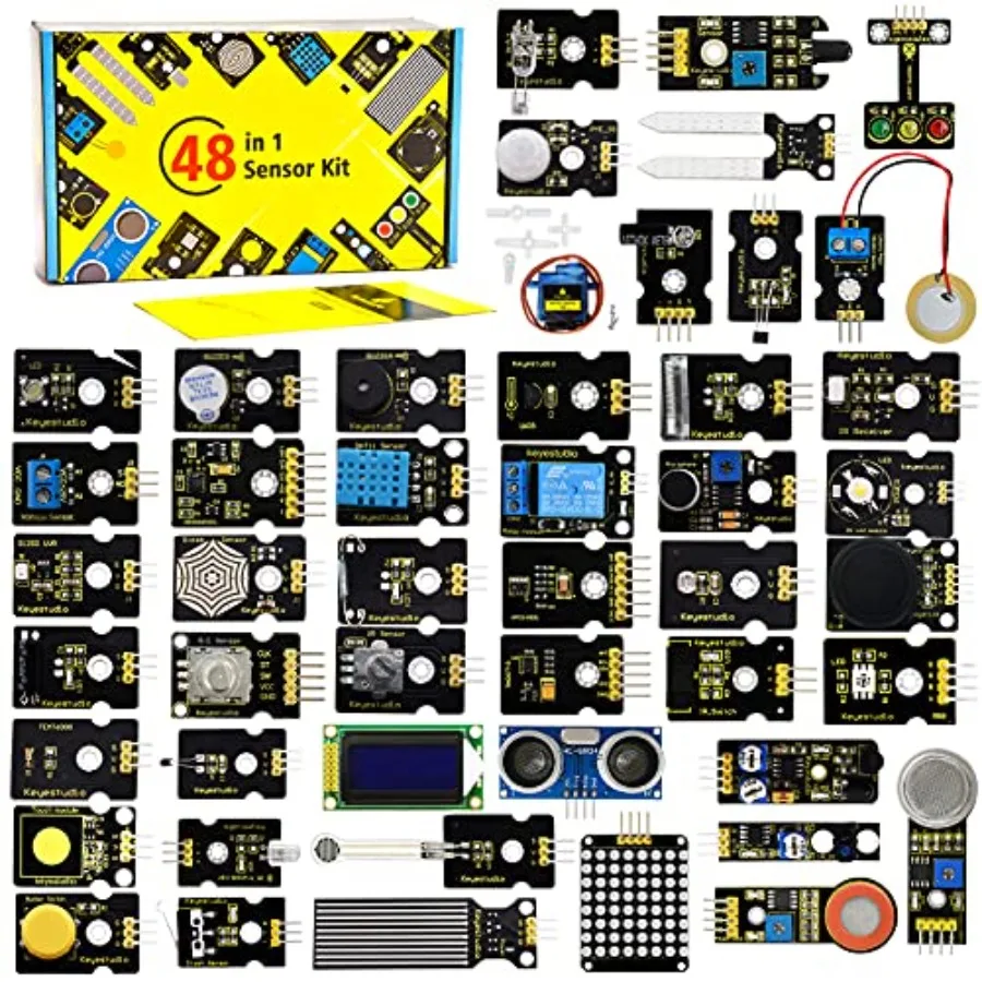 

Набор из 48 датчиков-модулей для Arduino с ЖК-дисплеем, реле 5В, звуковыми и светодиодными модулями, серводвигателем, датчиками движения, давления, газа и т.д.