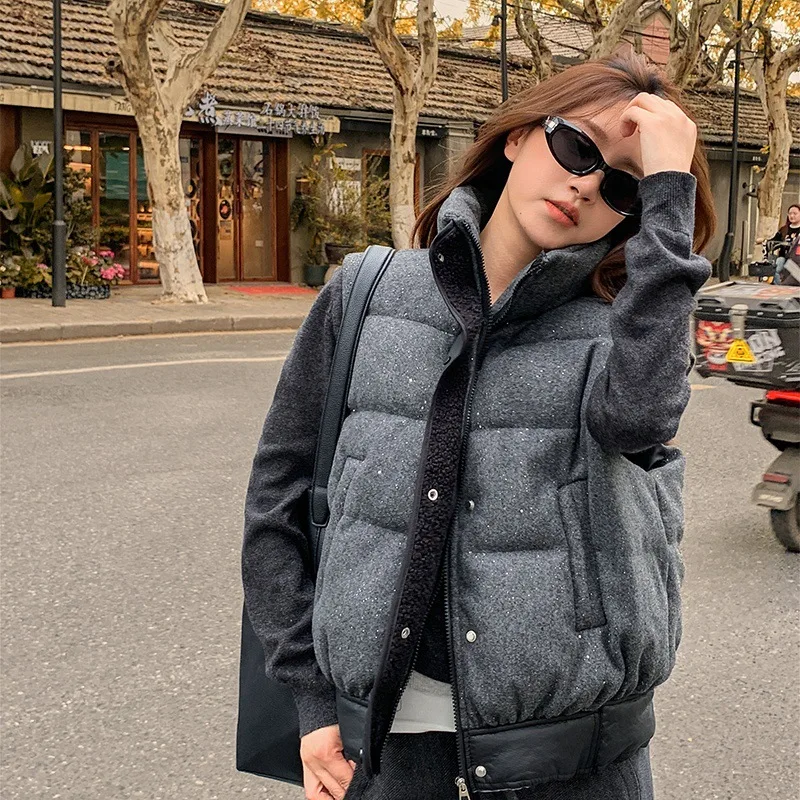 

Осенне-зимний хлопковый жилет с блестками для женщин, модная утепленная куртка без рукавов с воротником-стойкой, корейское повседневное шикарное пальто