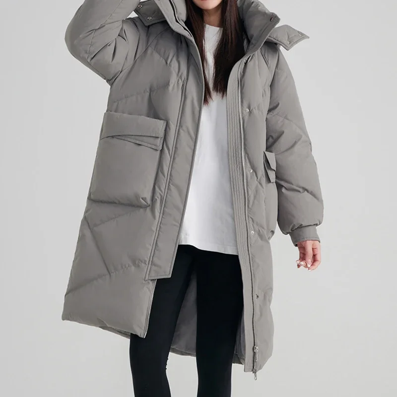 Vrouwen Ritsen Down Jas Met Capuchon Zak Dikker Thermische Lange Jas Knoppen Lange Mouw Causale Jas Kantoor Parka Herfst Winter