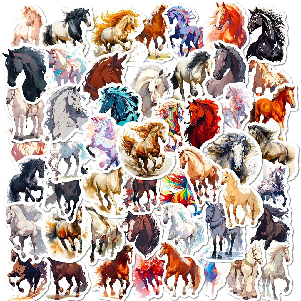 50Pcs Graffiti Horse Stickers, Equestrian Sports Trendy Cartoon Decals for DIY Personalized Decor Golden Memory Stickers Store