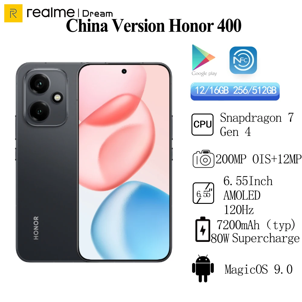 شاشة Honor 400 مقاس 6.55 بوصة AMOLED 120HZ Snapdragon 7 Gen 4 MagicOS 9.0 بطارية 7200 مللي أمبير في الساعة 80 وات SuperCharge 200 ميجابكسل كاميرا خلفية NFC OTA