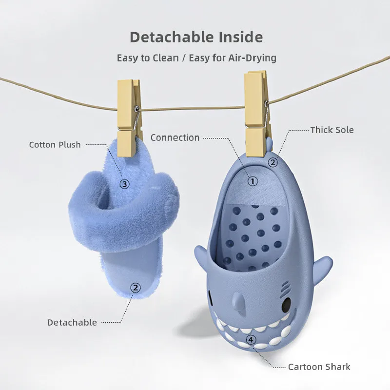 Men Women Shark Slippers Detachable EVA Waterproof Warm Cotton Plush Home Slippers Winter Indoor Fluffy Slides Non Slip Shoes