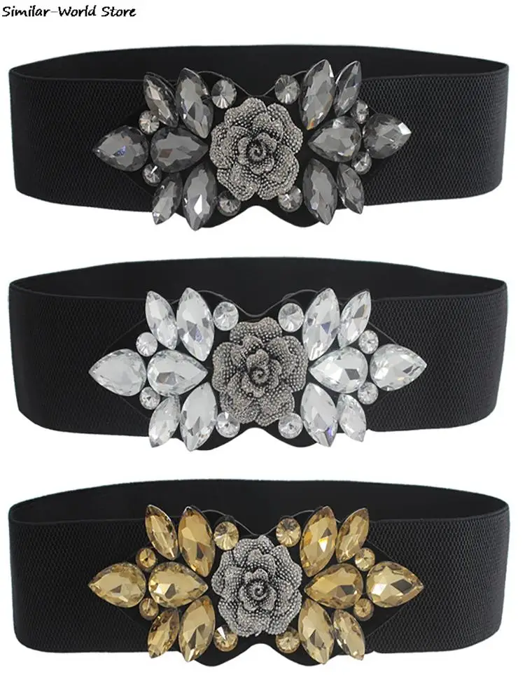 Female Rose Flower Rhinestone Elastic Waistband Women Waist Cinch Band Dress Overcoat Clothing Accessories