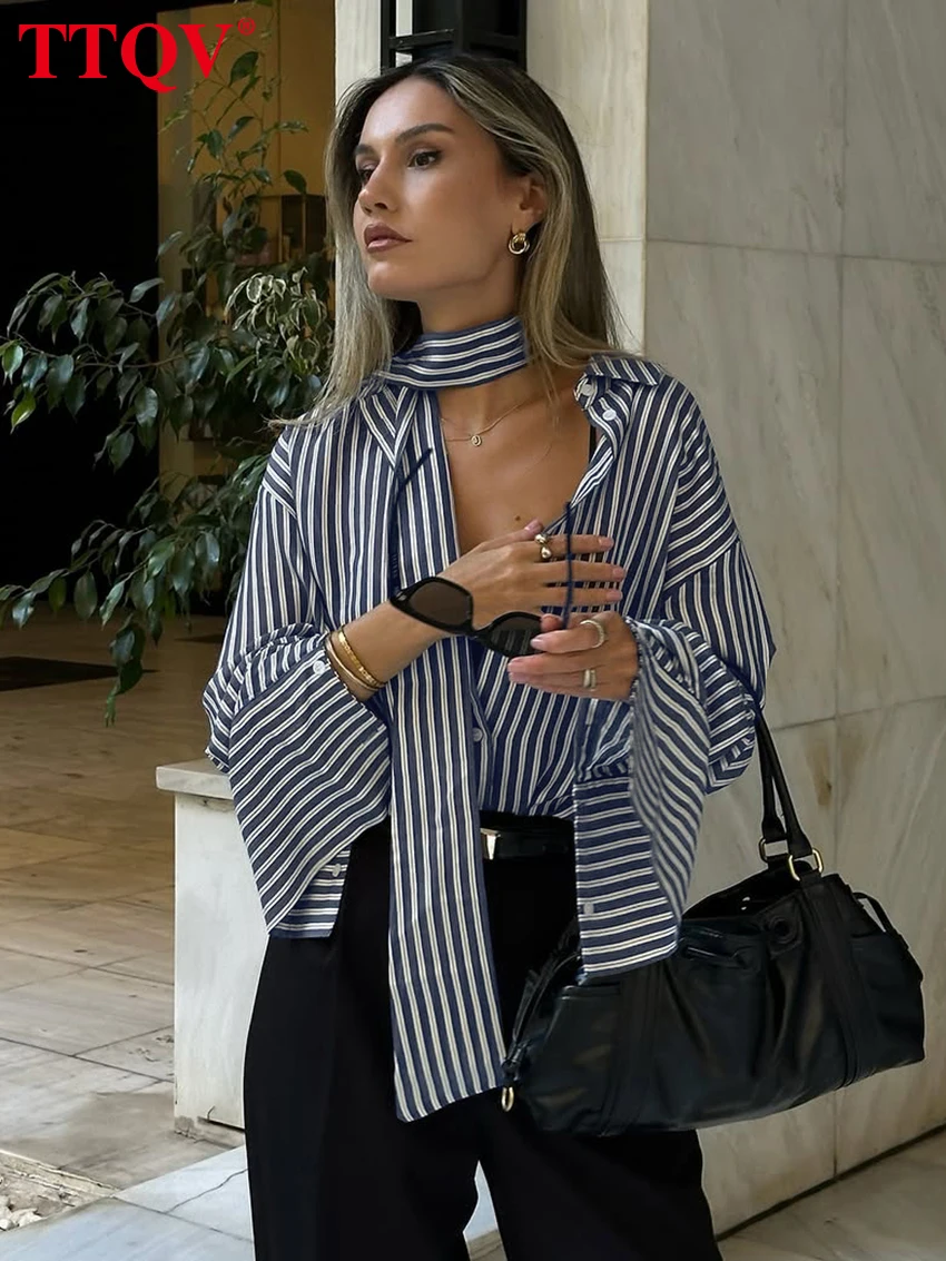 

TTQV Fashion Loose Stripe Print Women Shirt Casual Lapel Long Sleeve Lady Blouse Elegant Classic Lace-Up Top Female Clothing