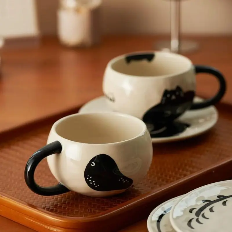 Black Cat Ceramic Coffee Cup Set with Tray High Beauty Light Luxury British Afternoon Tea Set with Handle Cappuccino Mug