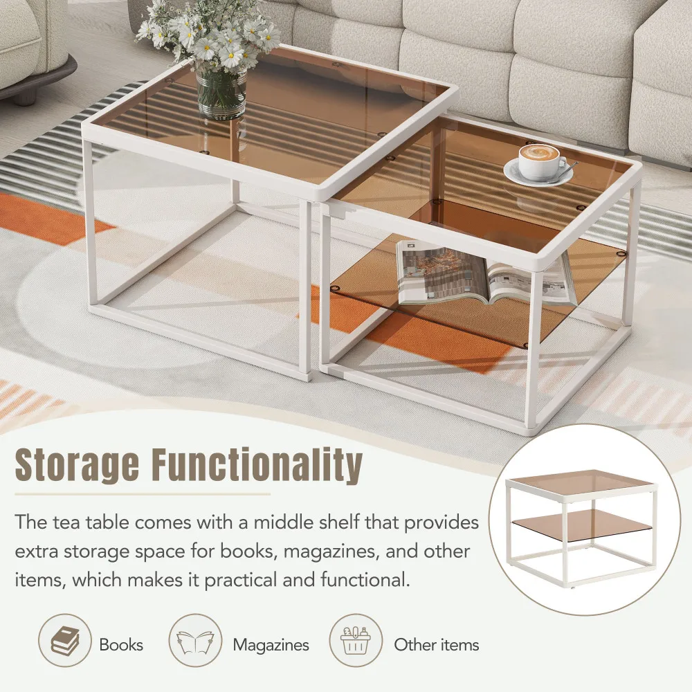 Modern nested coffee table set with a combination of high and low,Brown tempered glass cocktail table with metal frame