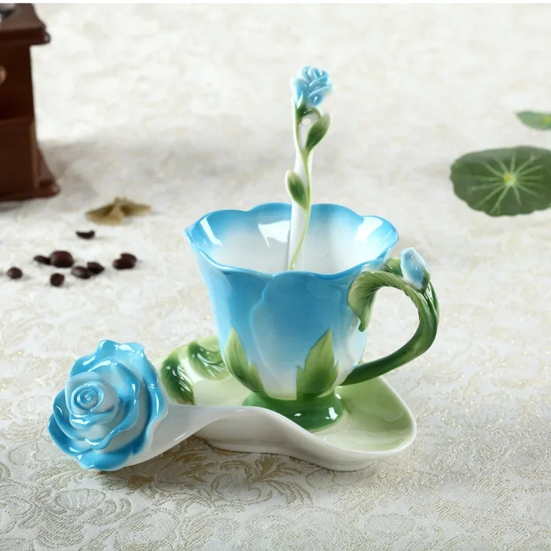 Enamel Flower Cups Dish Spoon Set Ceramic Mug, Colorful Breakfast Milk Coffee Mugs, Wedding Gift Creative Tea Cup, Kawaii Cup - view 4