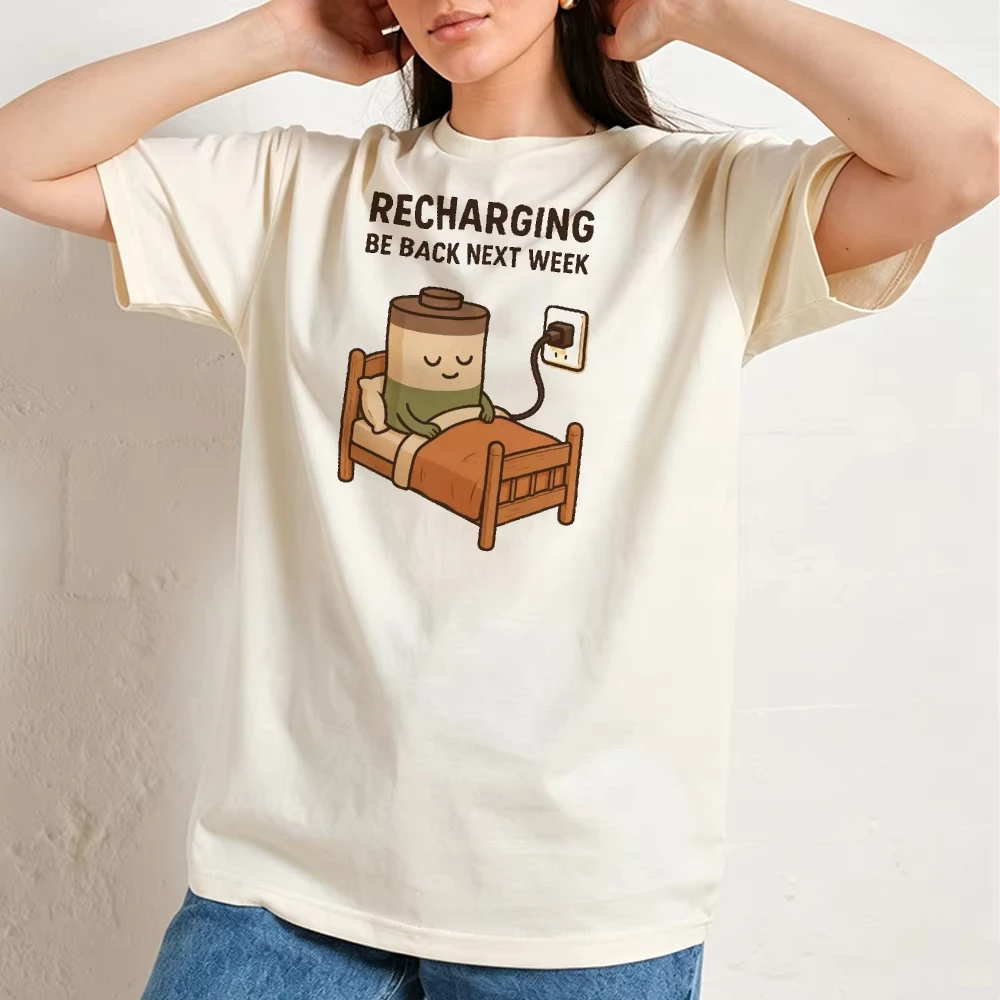 Recharging Battery Bed Sleeping Graphic T Shirt Ladies Relaxing Weekend Meme Tee Summer Beach Vacation Top