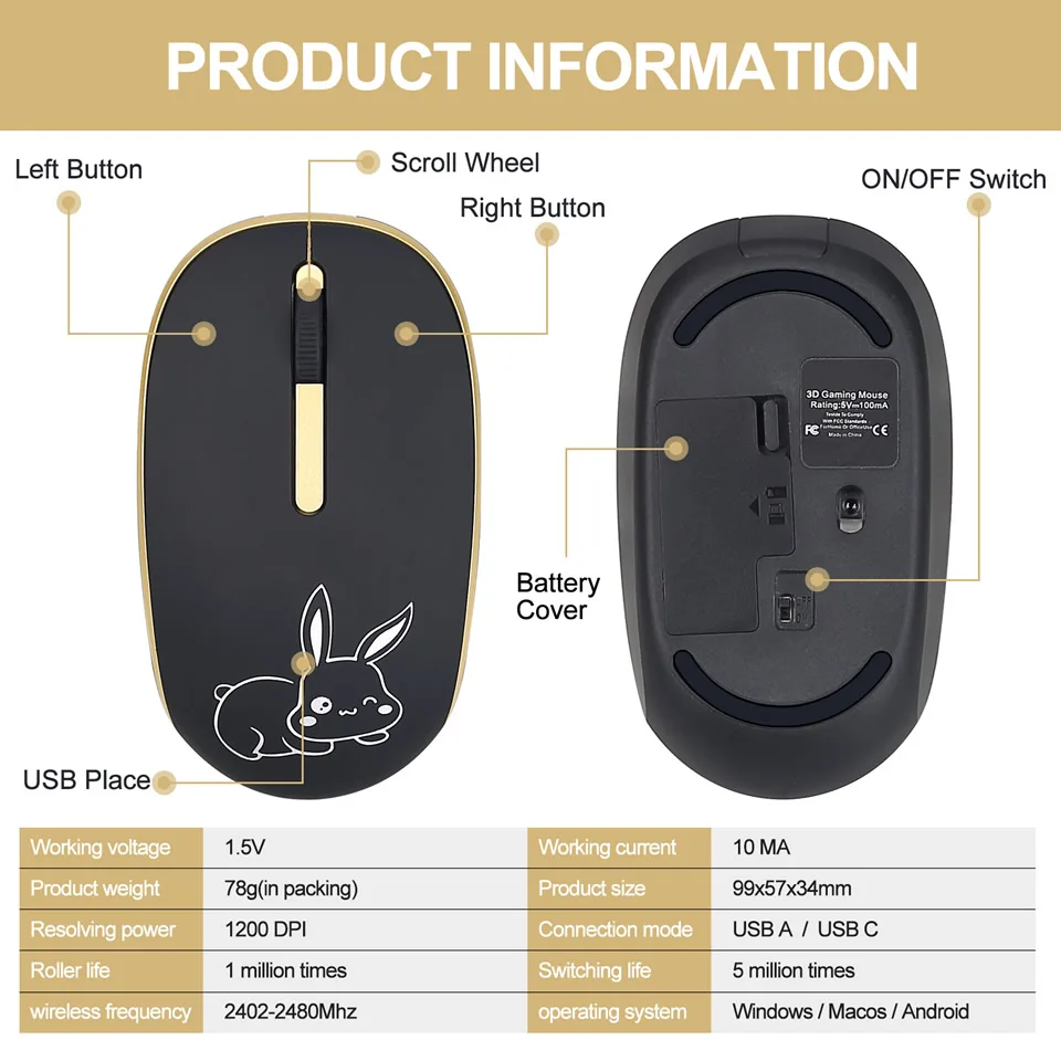 2.4GHZ USB/Type C Wireless Mouse Office Gaming Mice for Macbook Pro USB Ergonomic Computer Silent Mouse PC Laptop Accessories