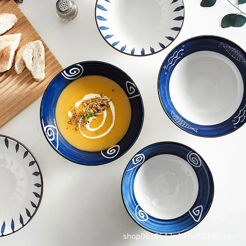 Japanese Ceramic Noodle Soup Large Bowl Household Beef Noodle Rice Bowl Retro Fruit Salad Tableware Kitchen Restaurant Hot