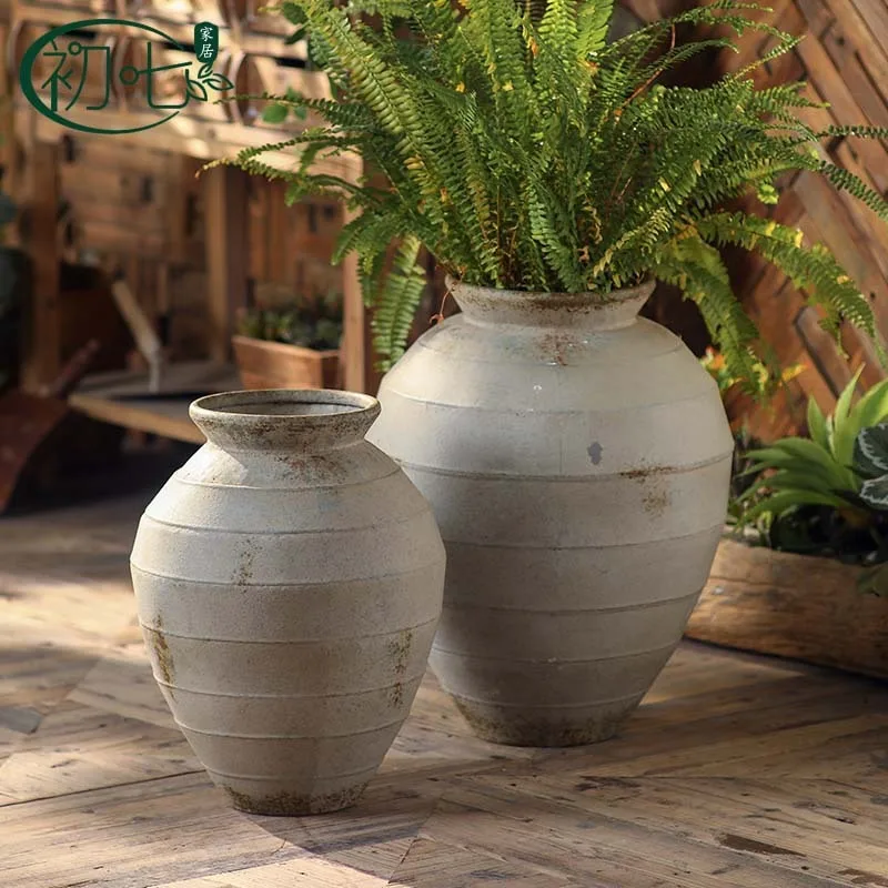 Wabi Sandy Wind Coarse Pottery Decorative Jar Retro Old Living Room Corner Flower Pot Decoration Antique Soil Pottery Pot Dried