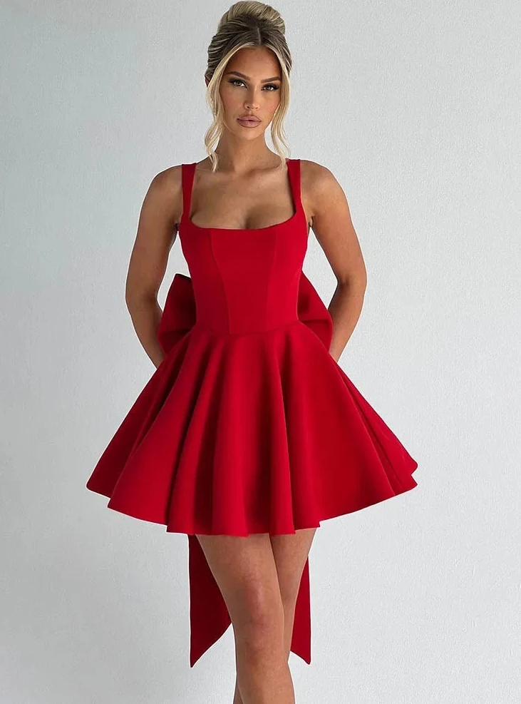 

Новое клубное вечернее платье - женское сексуальное мини-платье с высокой талией и бантом на спине, элегантное платье трапециевидной формы на тонких бретельках