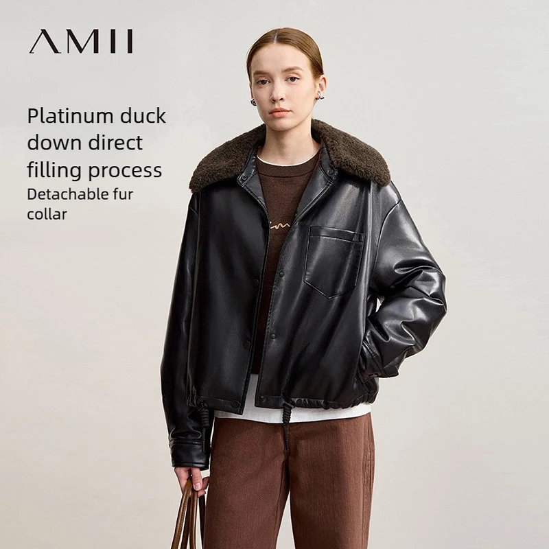 AMII Donsjas Vrouw 2025 Winter Nieuwe Moderne Warme Vrouwen Top Jas Rechte Veelzijdige Bontkraag PU Lederen Donsjack 12554040