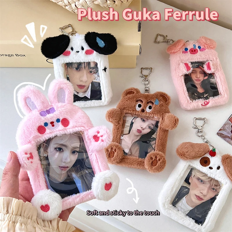 Cartoon Bear Rabbit Plush Photocard Titular para Meninas, ID e Credit Protector, Kpop Idol Photo Holder, Cute Keychain, Papelaria