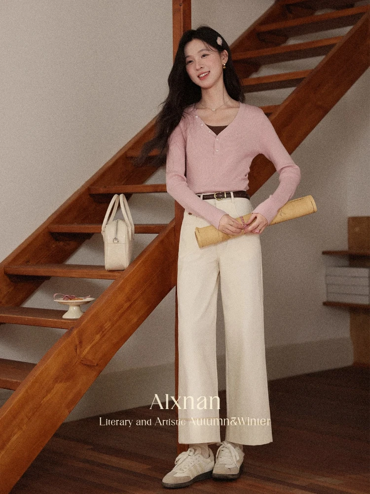 

ALXNAN Women's Beige Casual Pants Contrast Embroidery Early Autumn Design Asymmetrical Patchwork Straight Leg Trousers L56828