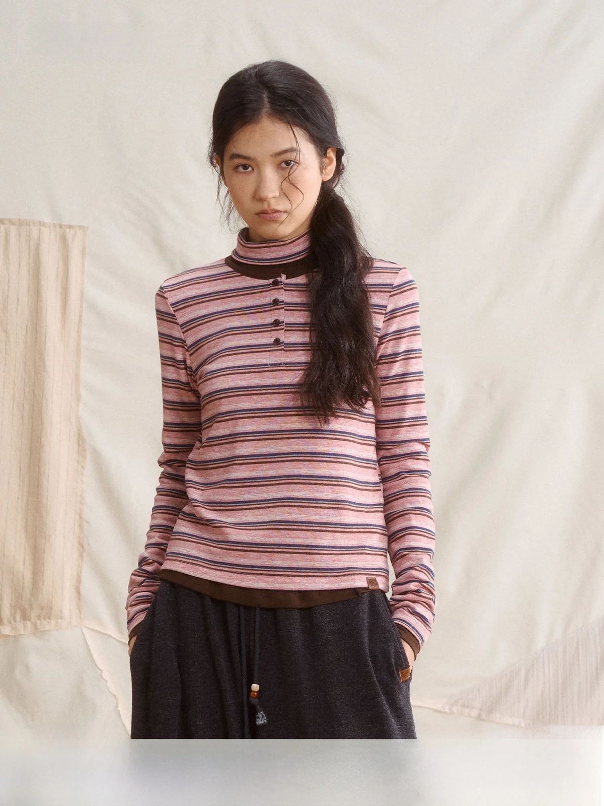 Saotome Rcelle Long Sleeve Striped Color Block Two Piece Set T-Shirt Women's Casual Style High Collar Regular Length Polyeste...