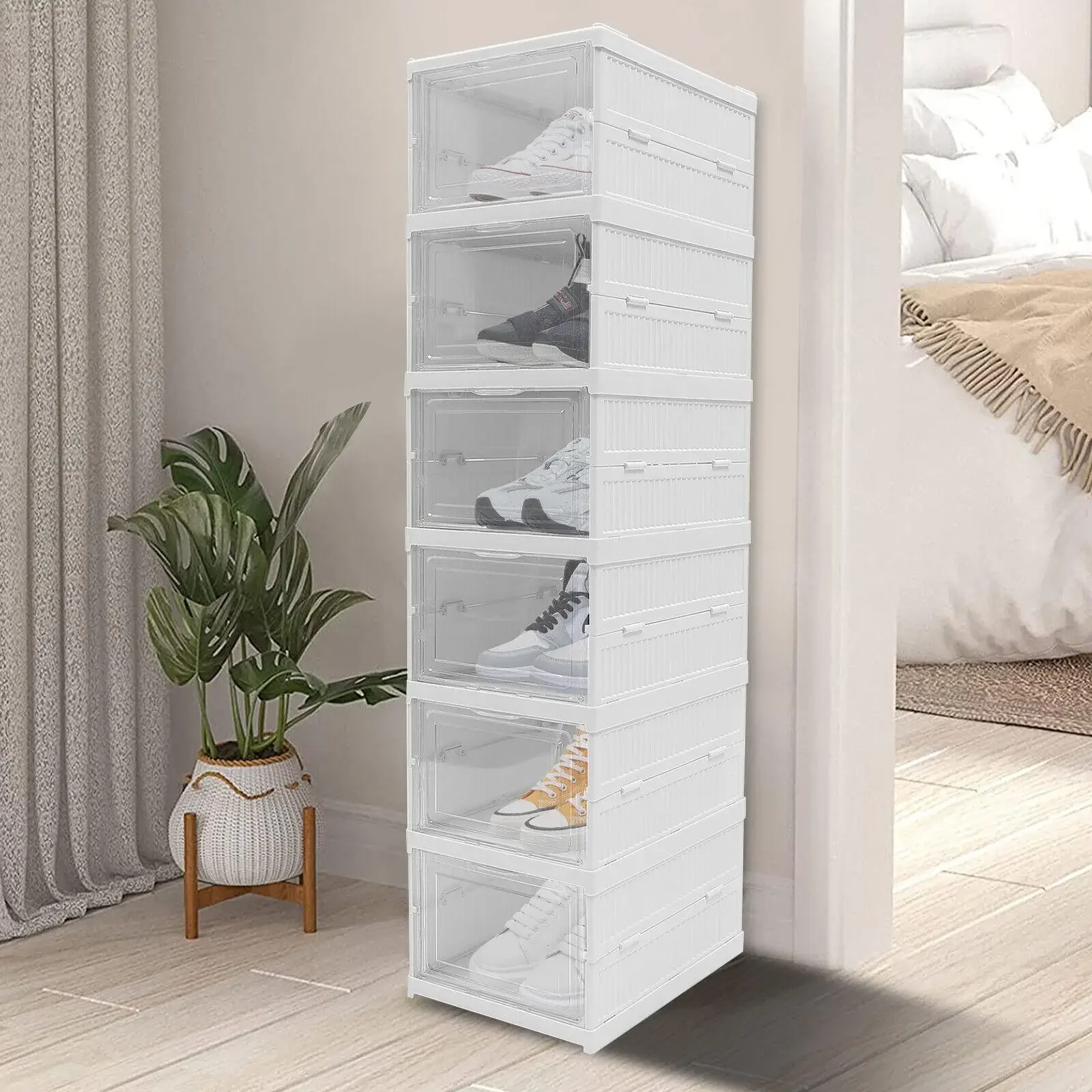 6 Layer Installation-Free Shoe Box With Transparent Doors Stackable Shoe Cabinet Foldable Entryway Shoe Rack Storage Organizer