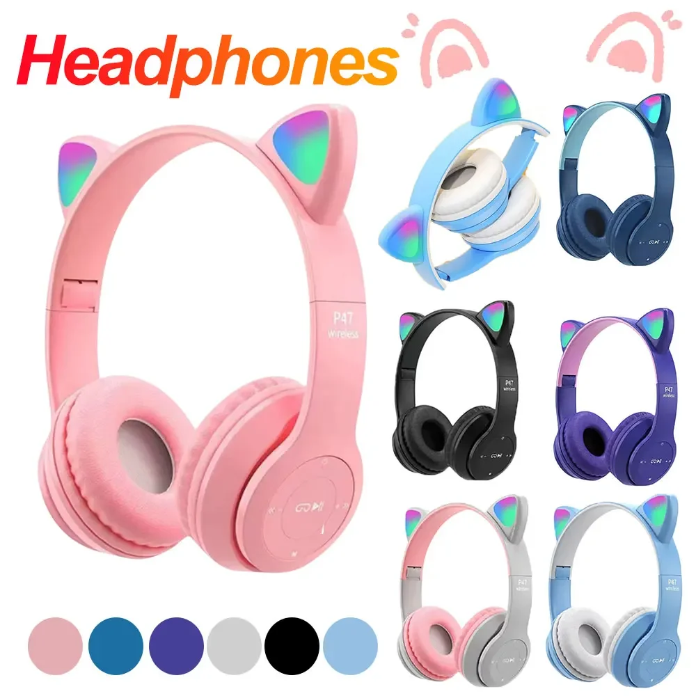 Piscando led bonito orelhas de gato fones de ouvido bluetooth sem fio com microfone p47m criança menina estéreo música earbud esportes