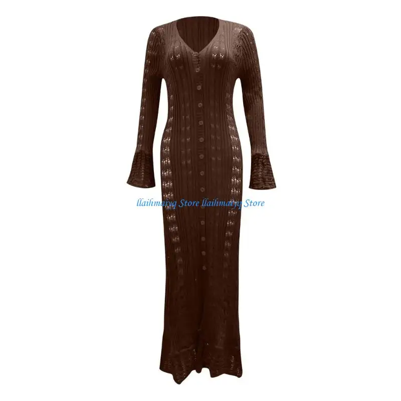 573B Cardigan Sweaters for Women Trendy Lightweight Crochet Long Duster Button Up Long Sleeve Ruffle Knit Maxi Dress