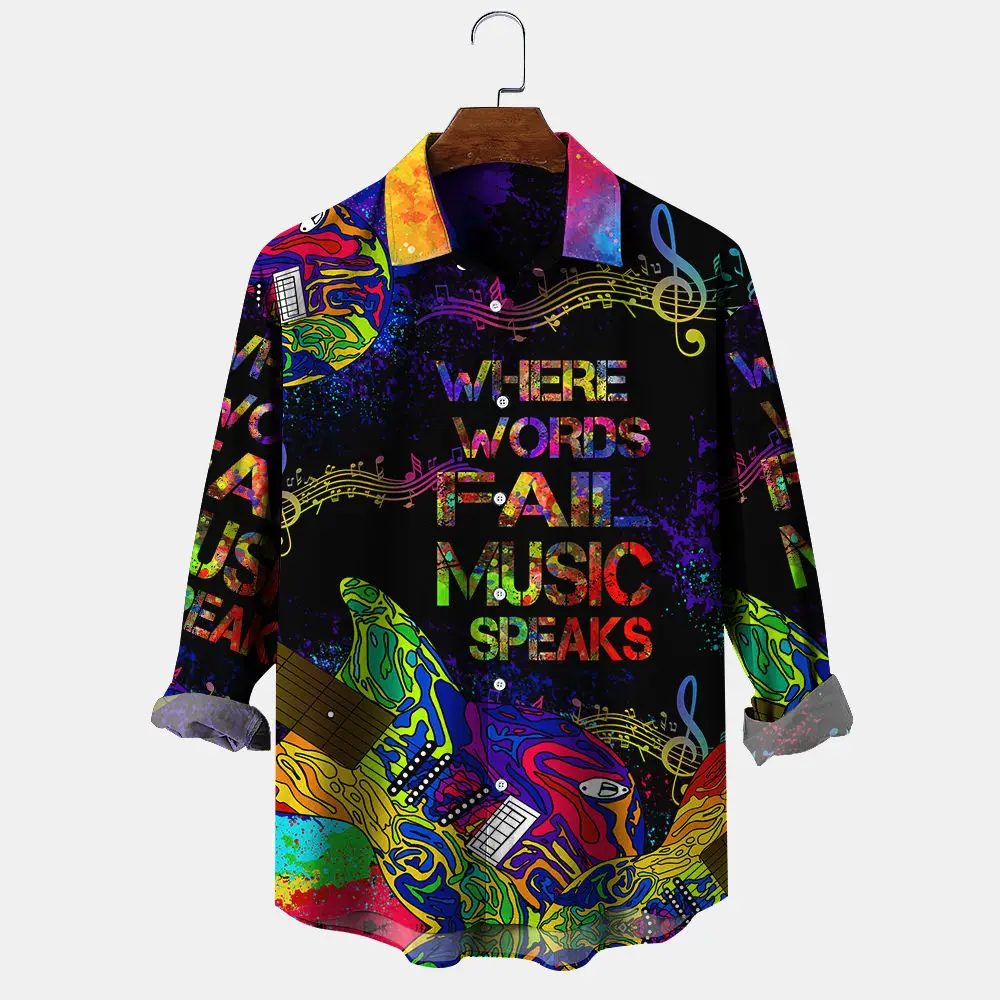 Vintage Graffiti Print Men's Turn-down Collar Button Shirt Casual Long Sleeve Shirt Fashion Streetwear Trend Tops Men Clothing