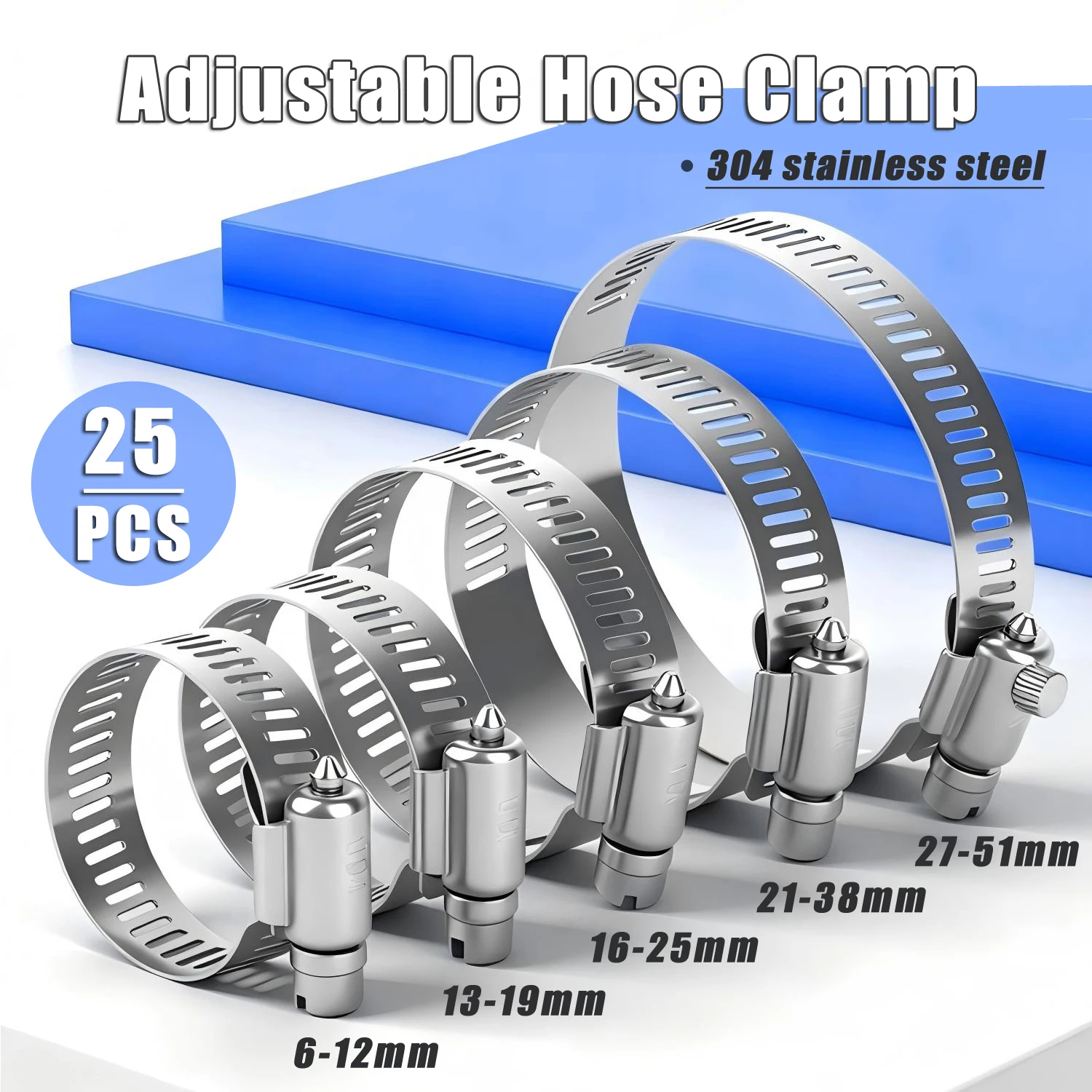 Hose Clamp, 5 Sizes Stainless Steel Adjustable 6-51mm Size Range Worm Gear Fuel Line Clamp for Plumbing, Automotive,Water Pipe