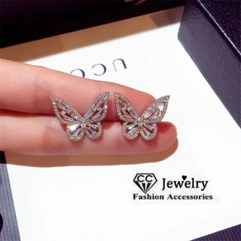 Stud Earrings For Women 925 Silver Needle Butterfly Cubic Zirconia Temperament Brincos Simple Earring Fine Jewelry CCE730