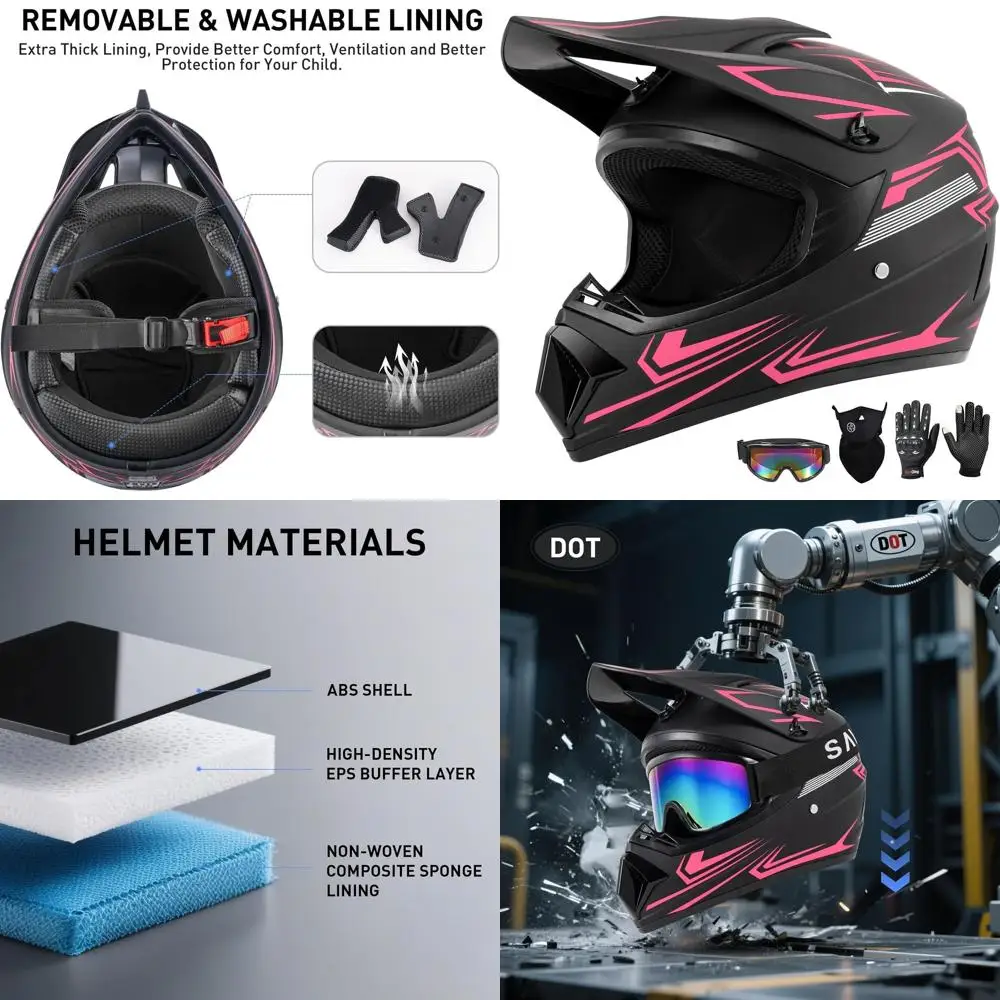 

Youth Girls Full Face Motocross Helmet Set with Goggles, Gloves, and Face Mask, DOT Certified, Pink, Medium