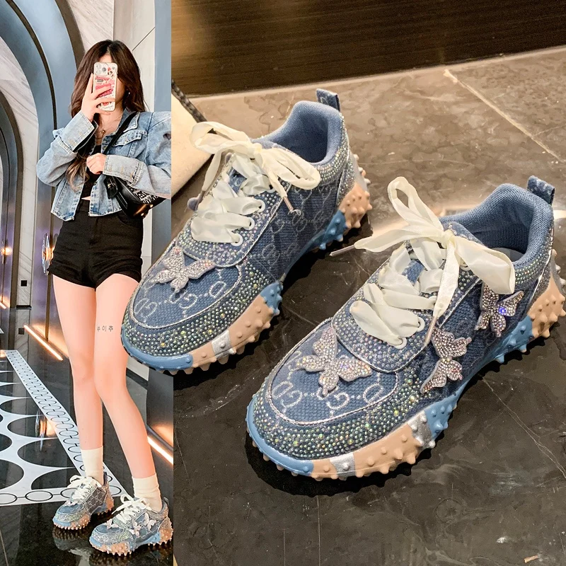 

High Appearance Level Thick Bottom Lace-up Rhinestone Bow Fashion All-match Comfortable Non-slip Breathable Sports Women's Shoes